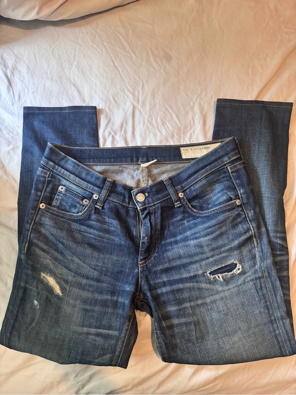 rag & bone Distressed Dark Blue Skinny Jeans